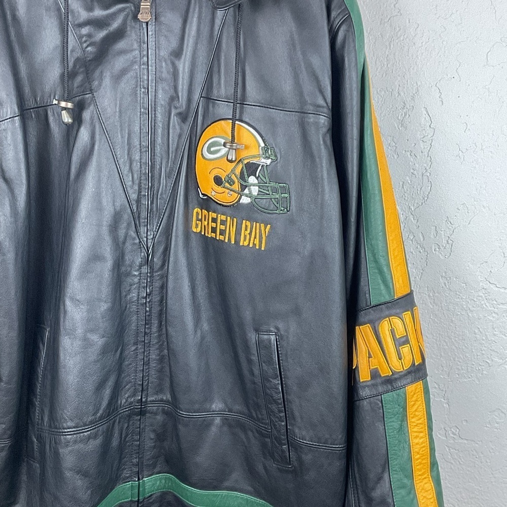Vintage G-III by Carl Banks Full Zip Hooded Green Bay Packers Leather Jacket - Picture 4 of 14